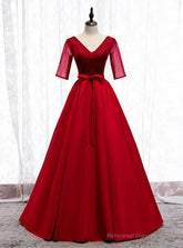 A-Line Burgundy Satin V-neck Short Sleeve Sequins Prom Dress